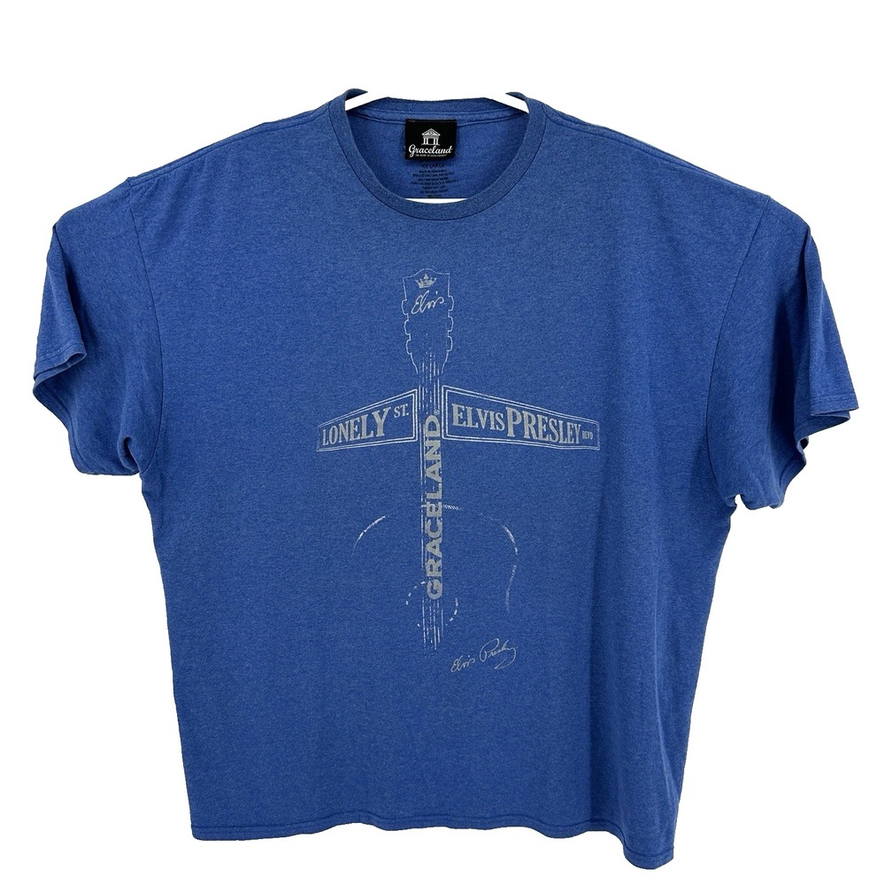 Elvis Presley BLVD At Lonely St Mens 2XL Graceland Guitar Logo Graphic Tee Blue